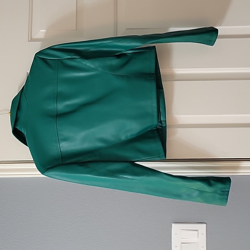 EXPRESS long sleeve zip up crop jacket PVC leather in sea green size small - Picture 4 of 4